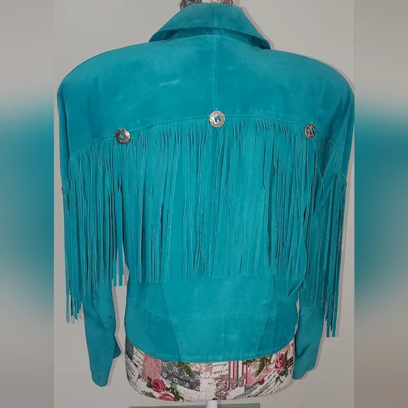Fringed Teal Suede Western Style Jacket - Picture 5 of 7